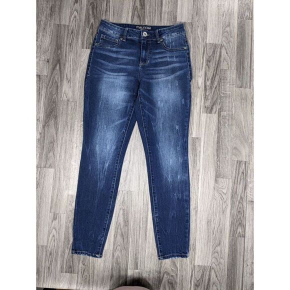(3/$35) Maurices Size Small Long High Rise Whiskered Distressed Denim Blue Jeans - Picture 1 of 12